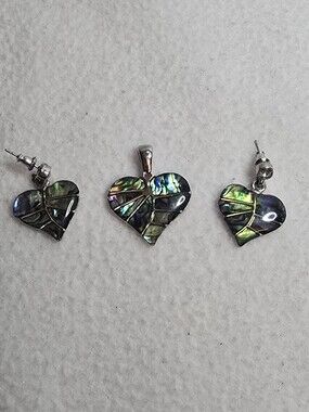 Iridescent Heart Abalone Shell Earrings and Pendant Set - Green Tones